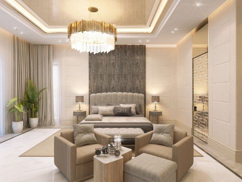 Modern luxury living room decor with gold and white details, exquisite chandelier, velvet sofa and ornate rug.