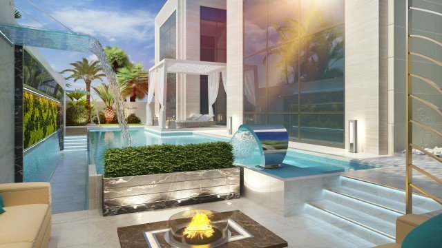 Luxurious villa with a modern interior design and a swimming pool, perfect for a relaxing and entertaining lifestyle.