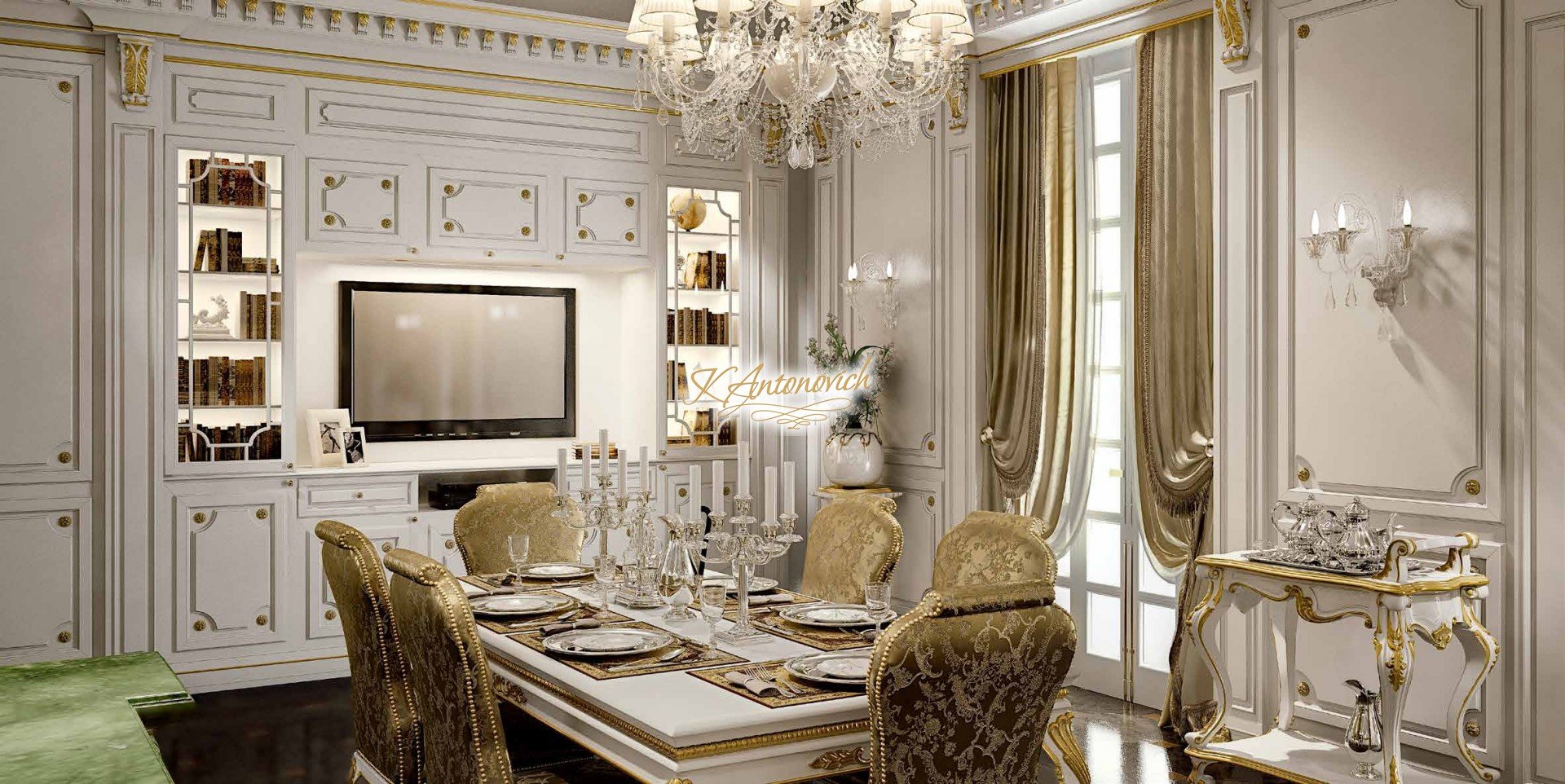 This picture shows a luxurious kitchen interior featuring a large center island with a marble countertop and polished stainless steel appliances. The center island has several cupboards beneath the counter, as well as several open shelves on either side, perfect for storing dishes and other kitchen essentials. To the right of the island is a built-in refrigerator and oven range, with several cabinets above for extra storage. The floors are light hardwood, and the walls feature a decorative white tile.