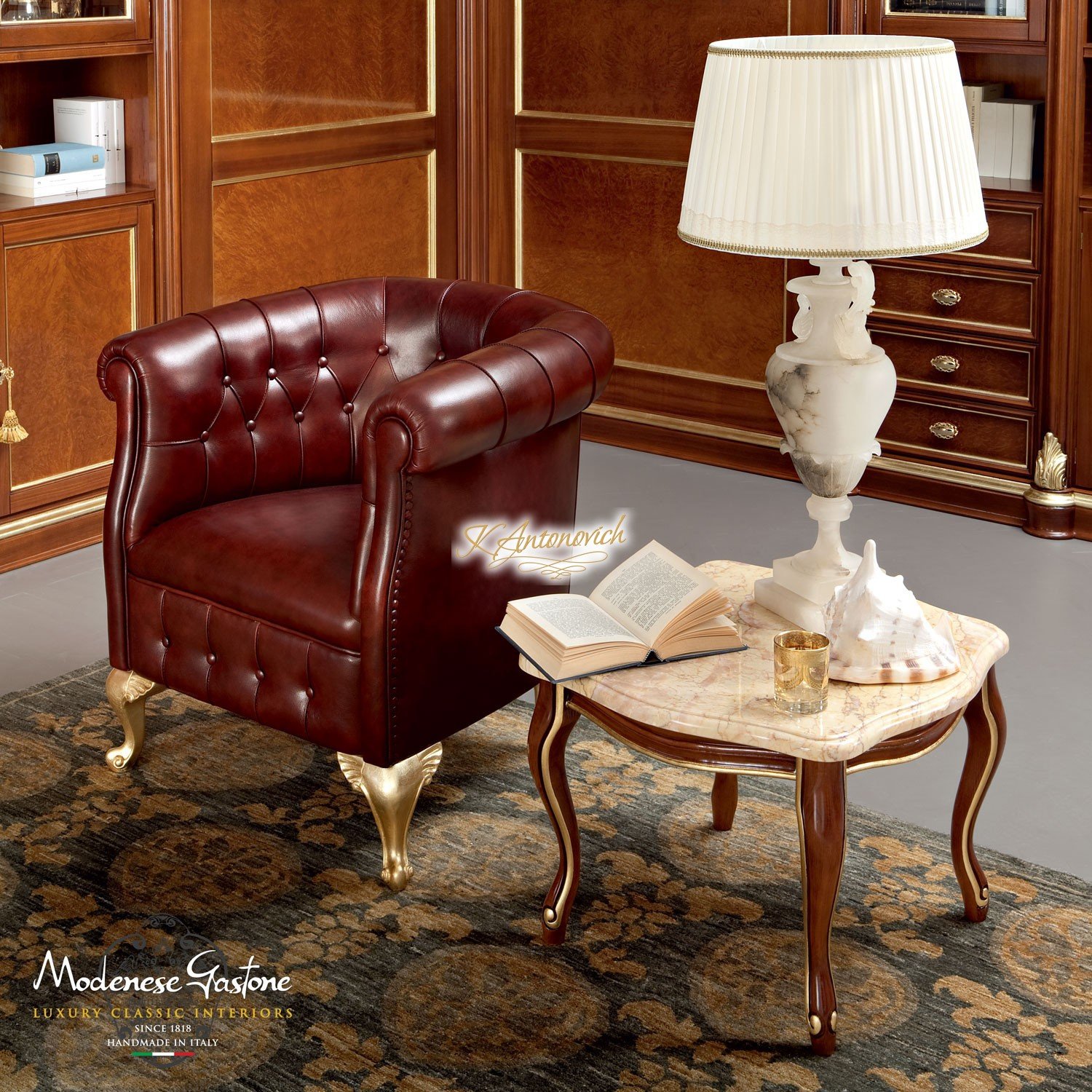 This picture shows a modern and luxurious living room, with beige walls and white furniture. An ornate ceiling with detailed crown molding and chandelier are featured, along with crystal wall sconces and mirrors. The furniture is a mix of classic and contemporary designs, such as a white sofa and armchairs with tufted detailing, combined with an abstract coffee table and glass top side tables. There is also a fireplace and built-in shelves for added storage.