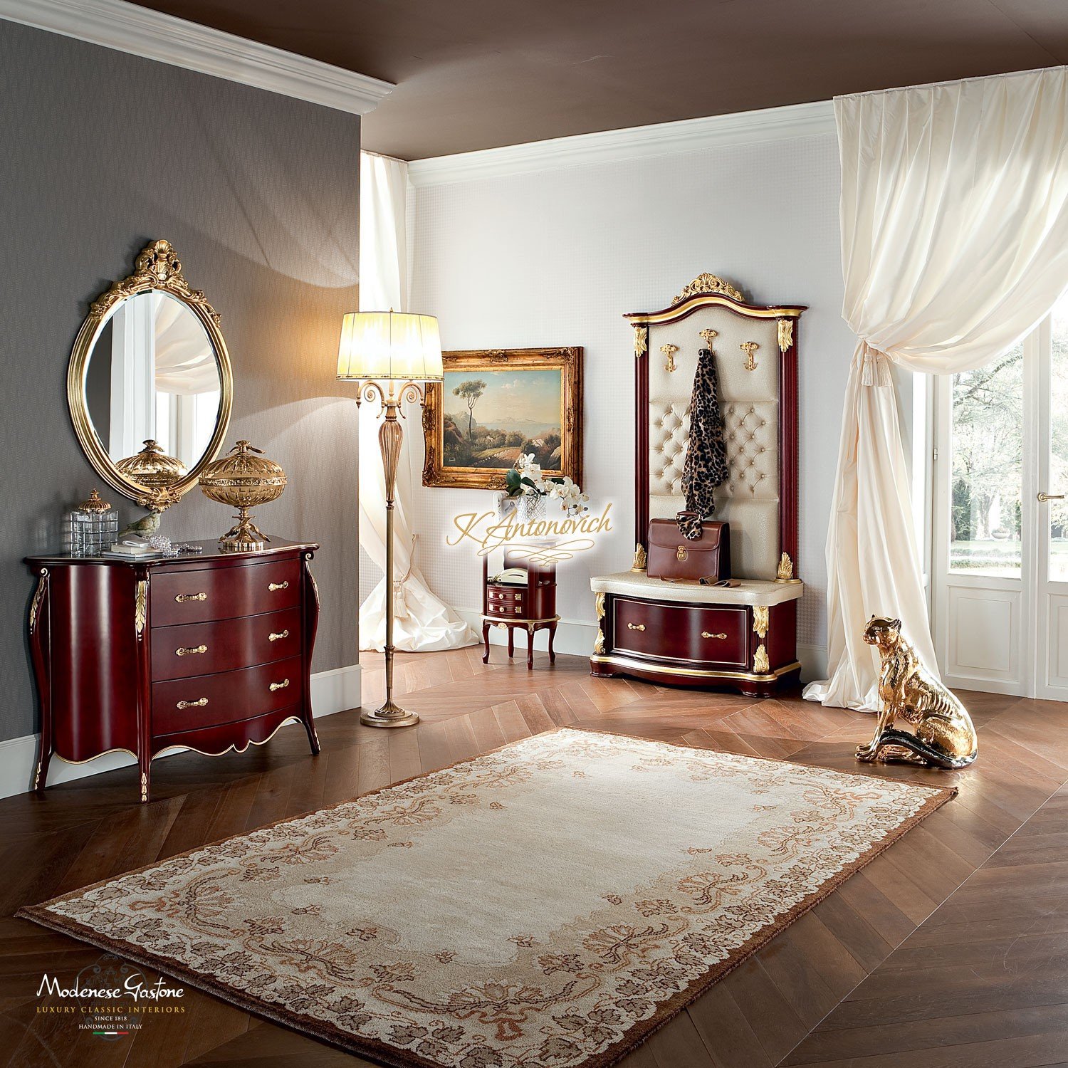 A luxurious modern bedroom featuring an elegant chandelier, a magnificent bed with a canopy and a stylish carpet.