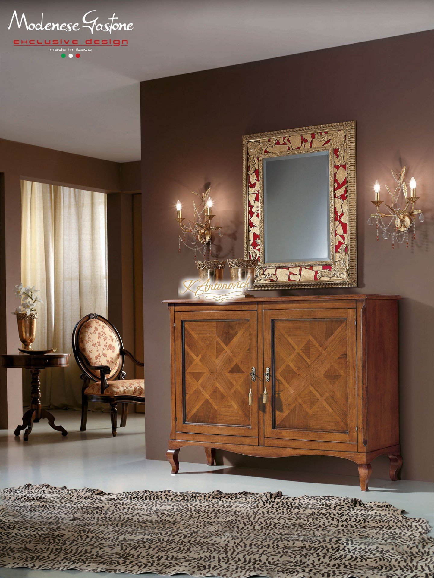 A luxurious formal dining room with gold chandelier, classical armchairs and shining marble floors that add a touch of grandeur.