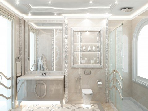 This picture shows a luxurious modern bathroom with contemporary, white marble tiling all around the room. In the center of the room, there is a large white freestanding bathtub with gold fixtures and a built-in showerhead overhead. A white bench is situated beside the bathtub, as well as a single black armchair. On the walls, there are mirrors and wall sconces for added light. Finally, the entire room is highlighted by a crystal chandelier.