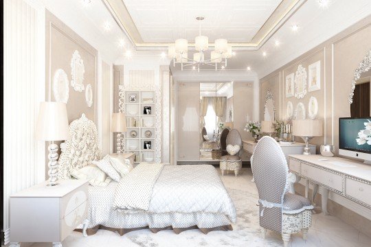 Contemporary glamour style in the bedroom with soft furniture and bright decorative details creating a luxurious atmosphere.
