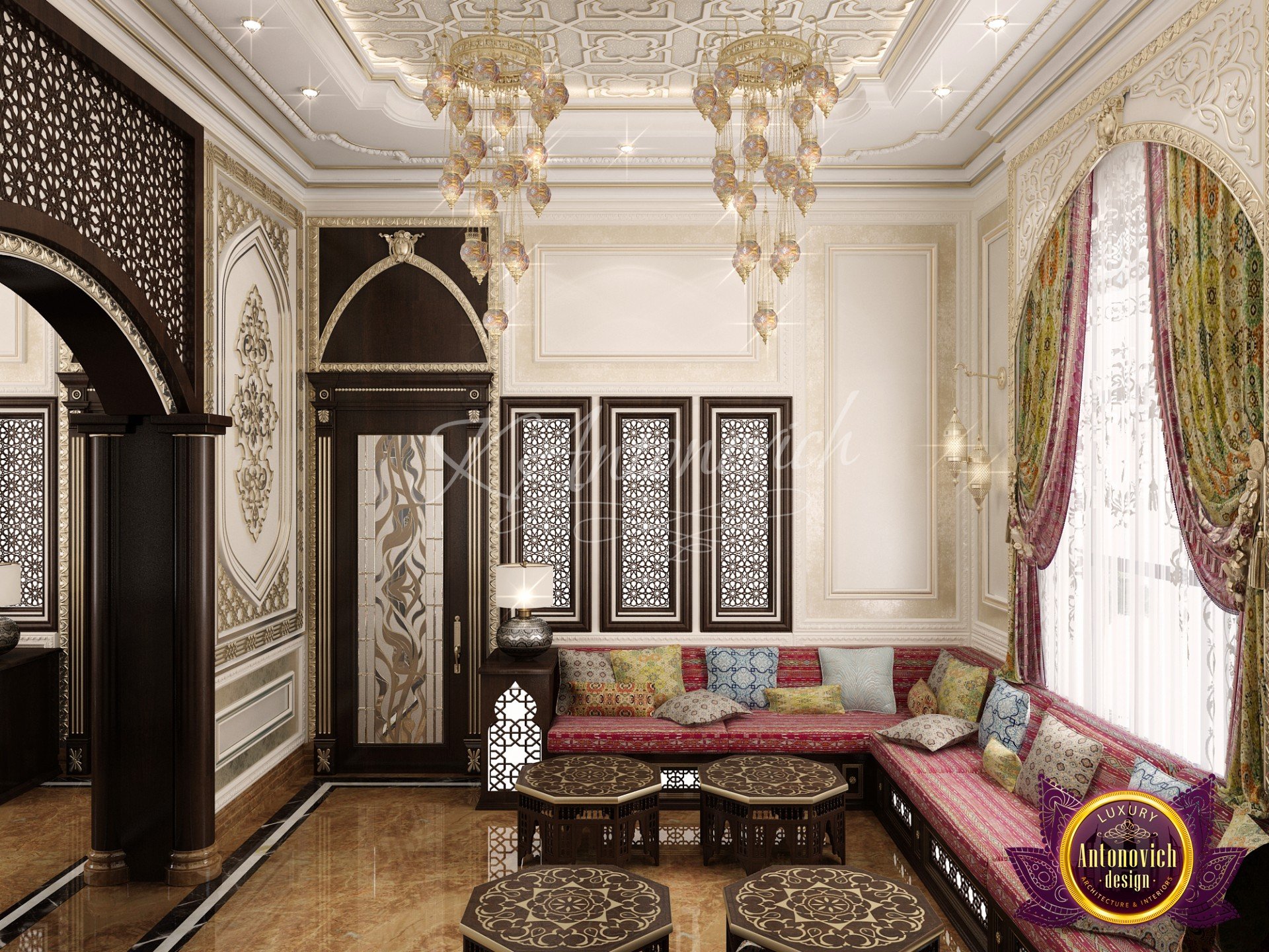 Opulent Arabic Majlis Room featuring gold accents and lavish textiles