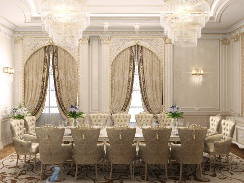 This picture shows an interior space with a warm, neutral color palette. The walls and floors are covered in beige marble tiles, while the furniture is composed of plush, cream-colored sofas, chairs, and chaise lounges. A large, ornate chandelier hangs from the ceiling, adding a touch of glamorous sophistication to the room. There is a small round table near the center of the room as well as a large wooden cabinet in the corner, adorned with decorative accents. The soft light coming from the windows adds to the cozy atmosphere of the space.