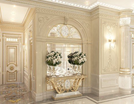 This picture shows a luxury living room with an elegant and modern design. The room is decorated in soft tones of beige, grey, and white, with accents of rose gold. There are luxurious details such as a velvet sofa, contemporary armchairs, and an ornate golden mirror. The space also features a large marble fireplace and various accent pieces, such as a crystal chandelier and tall floor lamps. There is a large window providing lots of natural light.