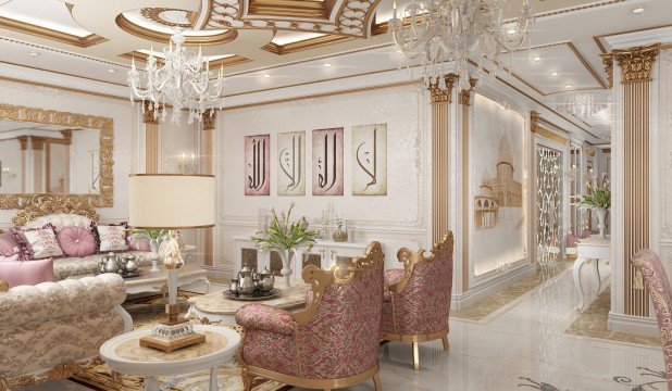 Luxurious living hall with grand sofas, exquisite chandelier, and a grand piano for perfect entertaining