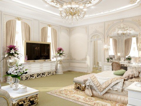 This is an elegant luxury living room with comfortable furniture and gold decor elements, making it look tasteful and inviting.