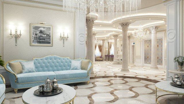 This elegant interior features a combination of white, beige and gold colors, intricate patterns and luxurious furniture for a lavish look.