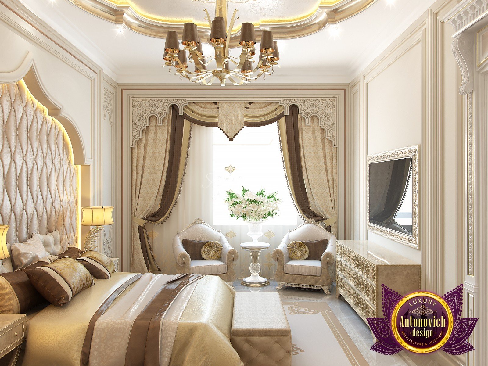 Opulent mixture of pink and gold reflects in the walls like the shining sun, making a luxury interior look like it was forged from the heart of a diamond.