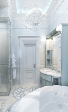 This picture shows a luxurious bedroom designed with a modern, white and silver color scheme. The room has an elegant chandelier hanging from the ceiling, a luxurious king-sized bed with a white headboard, and three grey padded chairs positioned around it. To the side, a tall cabinet stands with a marble countertop and several shelves. Sunlight is pouring in through the glass doors which open onto a balcony or terrace. Finally, several decorative pieces such as flowers and books are placed around the room to add warmth and style.