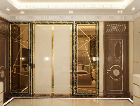 A luxurious modern bathroom with glass walls, featuring a beige tiled shower, a golden faucet, and intricately patterned tiles.