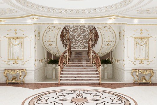 This picture is showing a stunning and elegant living room designed with marble walls, luxurious furniture, and modern art. The floor is covered with a white and black marble pattern in some areas, while the walls are wrapped in a beautiful light grey marble with gold accents. The ceiling is adorned with chandeliers and there is a grand piano in the corner by the window. The furniture is upholstered in creamy white fabric and trimmed with golden details. The armchairs are styled with geometric patterns that add a modern touch to the space, while the sofas have a more traditional design.