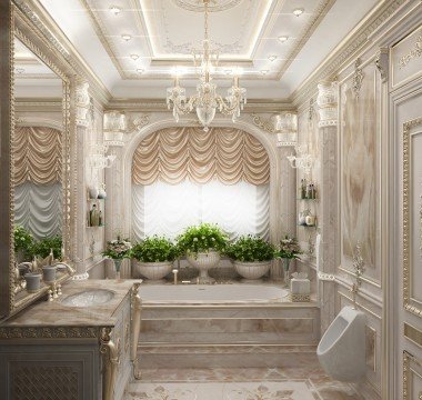 Luxurious modern house - great combination of white marble, gold furniture and exquisite decor to create a stylish interior.
