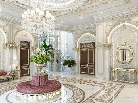 This picture is showing an ornately decorated bathroom in a mansion. The walls and floors feature intricate detailed ceramic tile designs and the room includes a large marble bathtub, two pedestal sinks, and a luxurious crystal chandelier. The room also has multiple windows with large curtains.