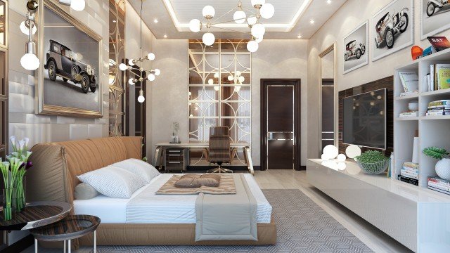A luxurious bedroom interior decorated with plush furnishings and a decorative chandelier.