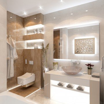 This picture is an image of a modern and luxurious bathroom. It features a large free-standing white bathtub surrounded by marble tiles in a light cream colour. There is also a large window looking out onto green gardens, and modern dark grey tile flooring. The walls are painted white and there is a large mirror mounted on the wall. It also features a shower area, with a modern rainfall showerhead, and a vanity area with two vessel sinks and storage beneath.