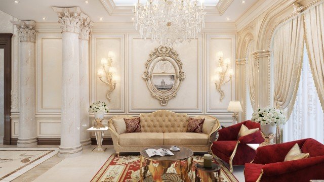 This picture is of an ornate, modern dining room. The room features bright lighting and a gold and white color scheme. The walls are white, with gold accents and decorative wall art. The floor has lush ivory carpet, and a round dining table with four chairs in the center. There is also a luxurious-looking chandelier above the table.