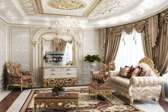 This picture shows an ornate, luxurious bathroom. The countertop is covered in marble and has two sinks with gold fixtures and a coordinating cabinet. The walls have intricate white tile designs and there is an impressive golden mirror on the wall. The room also features a window with ornate shutters and a deep soaking tub with a built-in seat and gold-finished faucet.