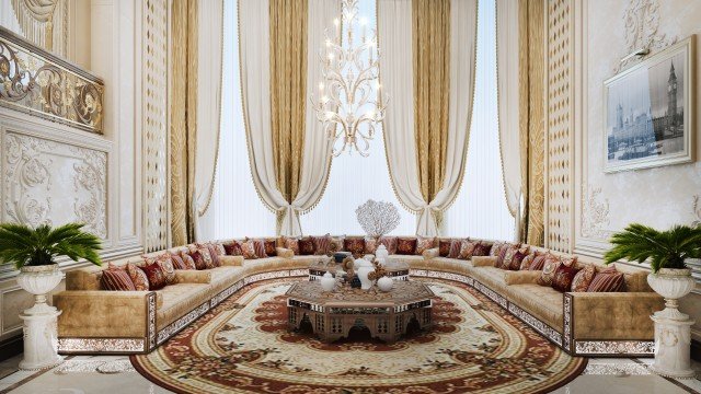 This picture shows an ultra modern black and white living room with a dark marble floor, white walls and furniture, and a unique combination of black accents. The room features a black leather couch, two black armchairs, a contemporary glass coffee table, and a black accent wall lined with dramatic art pieces. A sleek, round chandelier hangs from the ceiling, providing ambient light to the area.