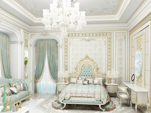 This is a luxurious bedroom design from Antonovich Design. It features a modern yet contemporary style with a touch of royalty. The walls are decorated with a light grey wallpaper, with a golden border running along the top and bottom. A large king-sized bed sits in the center of the room, with a lush velvet headboard and footboard. On either side of the bed are matching nightstands topped with tall black lamps. The floor is made up of a dark wood parquet, and an ornate area rug provides an accent to the space. Green curtains hang over a large window