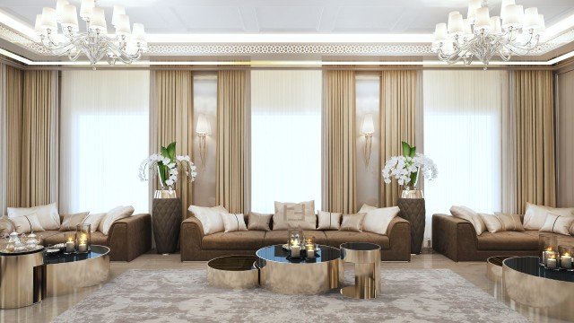 This magnificent modern living room has sophisticated luxurious furniture and makes a bold statement.