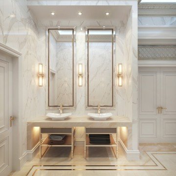 Luxury modern bathrooms with floor to ceiling marble, a marble-topped vanity, and spa-like luxuries.