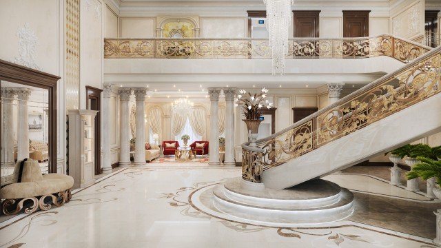 This picture shows an opulent, modern dining room. The room features a large chandelier and luxurious furniture. The walls are covered in a textured, golden wallpaper and the floor is covered by an ornate patterned carpet. There are two built-in shelves with candles, bottles, and other decorative items, as well as a glass-enclosed display case with a variety of dishes. The room is lit by wall-mounted sconces and the large window on the left lets in natural light.