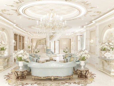 Luxurious yet timeless living area with grand entrance, delicate wall designs, detailed artwork and elegant furniture.