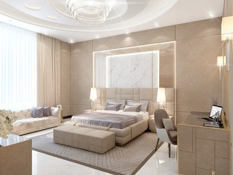 Luxury bedroom design in modern style with stylish furniture, classic accessories and chic chandelier to create an atmosphere of comfort.