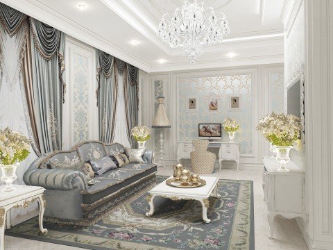 This picture shows an elegant and luxurious living room. The room is decorated in a modern style with white walls, a light beige marble floor, and a large window framed by white sheer curtains. There is a white sofa set directly facing the window, with two matching armchairs and a black coffee table. On the opposite side of the room is a fireplace with a black mantel and a large flat-screen television mounted above it. Various vases, lamps, and other decorative accents are spread throughout the room, providing color and warmth.