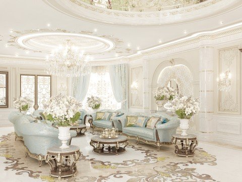 This picture shows a luxurious and modern two-story living room. The space is decorated with beige walls, white crown molding and a wooden floor. The furniture includes a comfortable sofa, several chairs, several throw pillows and some small side tables. A large crystal chandelier hangs from the tall ceiling, providing a soft glow of light in the room. The windows have been draped with thick curtains to let in natural light and provide privacy. Several framed art pieces are hung on the walls, adding to the sophistication of the room.