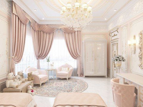 This picture shows a luxurious bedroom with a high ceiling, ornate chandelier, and beige walls. There is a king size bed covered in a beige and brown comforter and pillows, along with two matching nightstands on either side. The room also features a seating area with two armchairs and a charming vanity table with a curved mirror. The room is completed with a shag rug and drapes in a light blue hue.