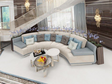 Modern and luxurious living room design with a stylish sofa set, patterned cushions, industrial lamp and white curtains.