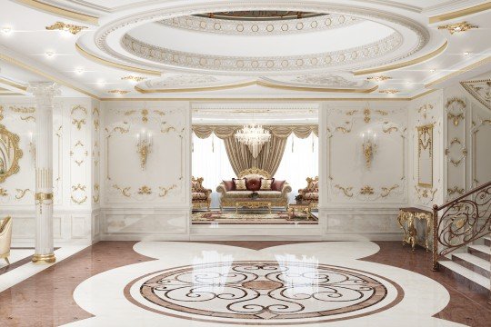 The picture shows an opulent and luxury living room with a large, cream-colored sofa in the center. The sofa is surrounded by multiple, matching armchairs and accent chairs in golden tones. There are small throw pillows and a geometric pattern on the rug that ties into the colors of the furniture. To the side, there is a black grand piano, a floor lamp, and a glass-topped coffee table with a vase of fresh flowers. Large paintings adorn the walls and the overall effect is one of sophistication and comfort.