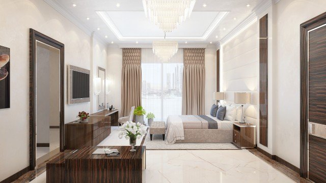 Modern interior room featuring clean white walls, a white marble floor, a wood and steel accent wall, two black and white armchairs, a white leather sofa, and a white marble coffee table with glass top.