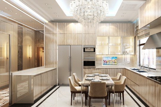 This is an interior of a luxurious dining room. It looks very modern and stylish with a white marble floor and beige walls.