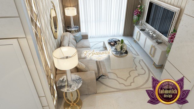 This picture shows a luxurious bedroom interior design by Antonovich Design. It has a contemporary style and includes many unique features, such as the black and white geometric wall pattern and the beautifully upholstered headboard. The room also includes decorative elements, like the ornate chandelier and the elegant rug that adorns the floor. The furnishings are all in a light color scheme, and the bed is set against a floor-to-ceiling window, allowing for a stunning view of the outdoors.