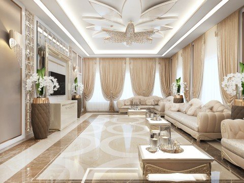 Luxurious modern living room with crystal chandelier, stylish sofa and elegant oriental style rugs creating an inviting atmosphere.