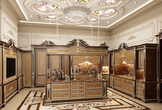 This picture shows a luxurious interior design. The room features a grand staircase with white marble floors and gold accents. The walls are adorned with gold wall sconces and large oil paintings. The ceiling is painted gold and has elaborate details. The room also has several decorative vases, chandeliers, and other pieces of furniture.