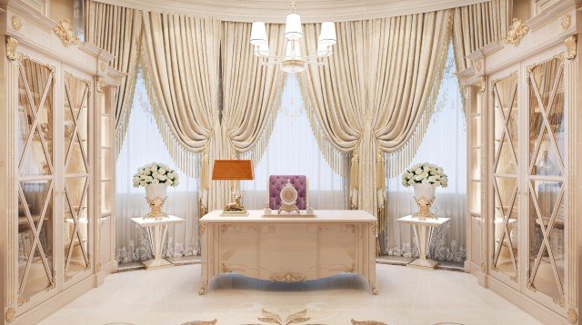 This picture shows an elegantly designed bathroom with porcelain tile flooring, beige walls, and a free-standing tub that is decorated with a black blanket. There are two large bay windows with heavy drapes that let in plenty of natural light, and the area is illuminated by two modern vanity lamps. There is also a floating vanity with a double sink and two wall-mounted faucets, as well as a decorative mirror above the sinks. The room also features two wall sconces on either side of the mirror, a stone shower area, and a glass door