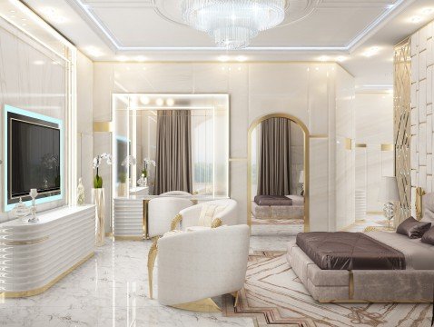 Luxurious master bathroom in beige colors with gold and marble details, stylishly decorated and perfect for relaxation.