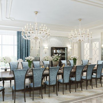 This picture shows a luxurious bedroom designed by Antonovich Design. The room features a large, four-poster bed with a plush headboard and curtains. A chaise lounge and large ottoman are placed at the foot of the bed. The walls are painted in a soft cream hue, while the ceiling is adorned with elegant, golden-hued coffered details. The floor is covered in a plush rug with intricate, beige patterns. A crystal chandelier and ornate table lamps provide the perfect finishing touches to this exquisite bedroom.