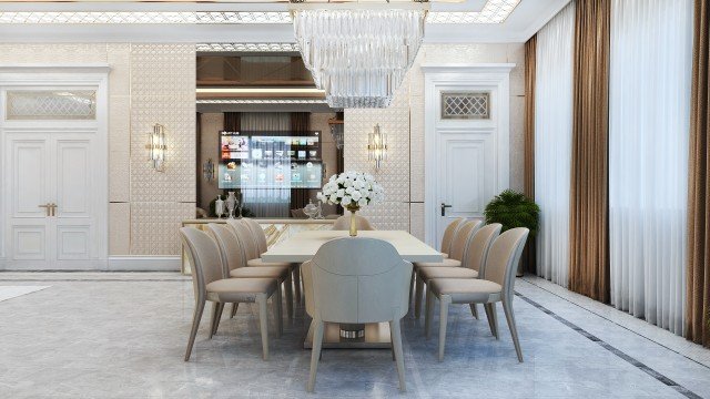 This picture shows the interior of a luxurious living room. The room is decorated with sophisticated white furniture and accessories, along with eye-catching accents that draw the eye. There is a grand white piano placed in the center of the space and two plush red sofas against the walls, which are adorned with colorful artwork. A tall plant is placed in one corner and two glass floor lamps complete the look.