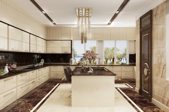 A majestic white living room with plush furniture, a glamorous gold accent wall, and a unique chandelier.