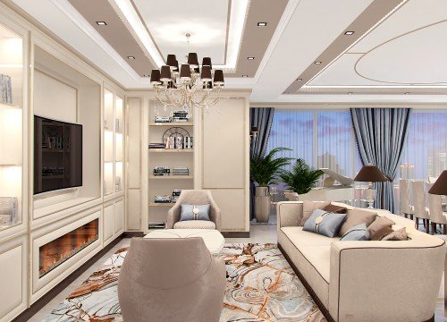 This picture shows a luxurious living room with contemporary furniture, including two white sofas and two armchairs, placed in front of a large glass wall that overlooks a balcony with a beautiful view. The walls are painted a sophisticated grey color and the floors are covered with white marble. A crystal chandelier hangs from the ceiling, and two matching side tables, featuring sleek white shades, are placed beside the sofas.