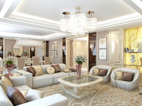 This picture shows a luxurious, contemporary interior design. It features an open plan living area with modern furniture, including beige sofas, a glass coffee table and a sleek white standing lamp. The walls are painted in a light shade while the ceilings and floors are tiled with natural-colored marble that adds to the room's elegant feel. There is also a large window looking out onto an outdoor space with a pool, green plants and trees, giving the entire space a tranquil and inviting atmosphere.