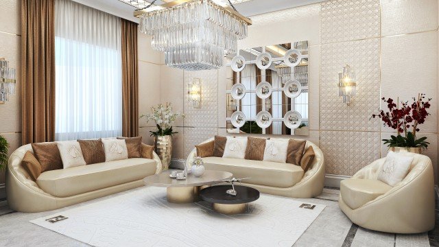 This picture shows a modern, luxurious bathroom in an elaborate design. The room is decorated with a marble tile floor and white and gold fixtures. The walls are painted in a deep blue color which contrasts nicely with the tile floor. There is a large rectangular bathtub with a gold faucet in the center of the room and two white sinks on either side. On the left, there is a tall mirror framed by two small lamps. Above the tub and sinks is a suspended ceiling with starlight LED lighting for a touch of ambiance.