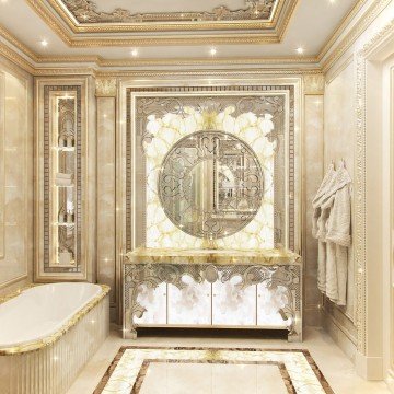 Modern bathroom with golden details - mosaic, furniture, fixtures and taps - all in contemporary style.